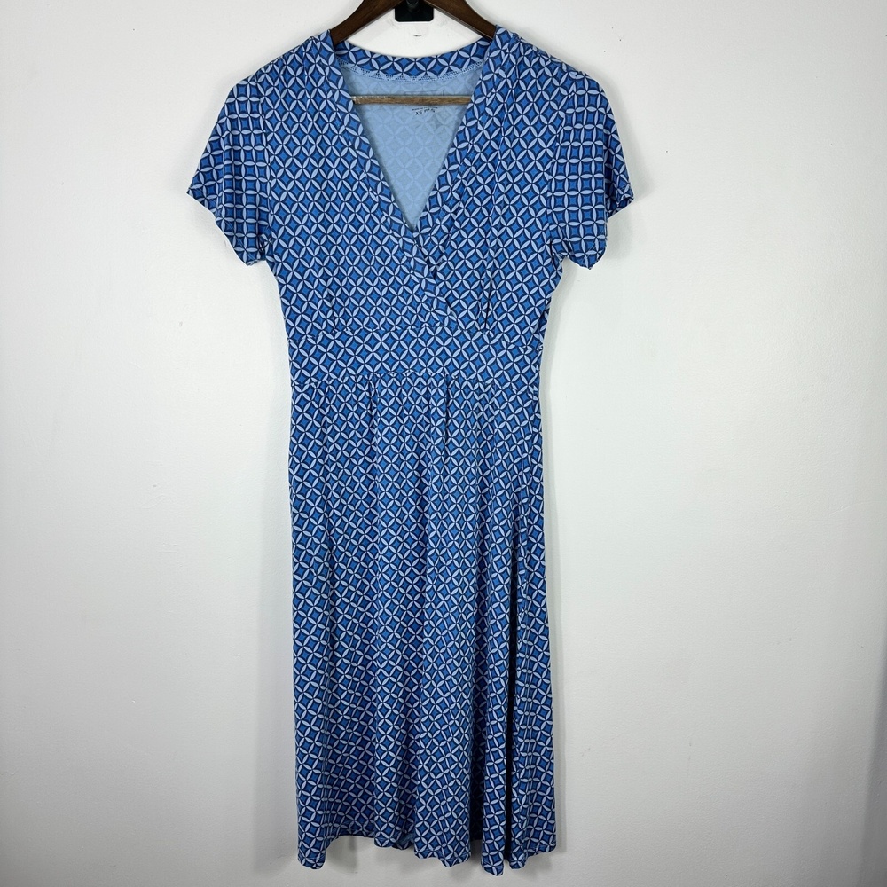 LL‎ Bean Fit Flare Dress Womens XS Blue Geometric Print Preppy Retro Mod Classic